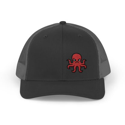 Angry Octopus Trucker Hat – Embroidered Red Sea Creature Hat with Cartoon Vibes and Bold Attitude