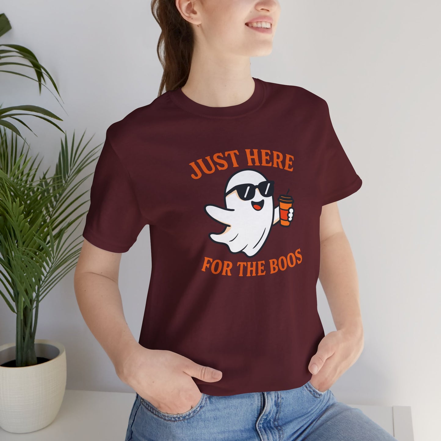 Just Here for the Boos Halloween Shirt – Funny Ghost Drinking Coffee Graphic Tee for Spooky Season