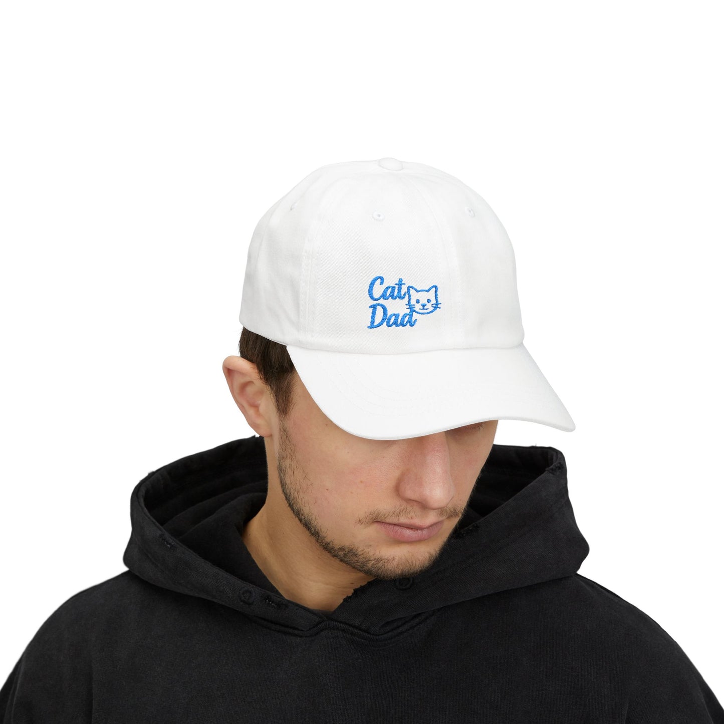 Cat Dad Classic Dad Hat – Embroidered Minimalist Cat Face Hat for Proud Pet Dads and Feline Fans. Blue Letters