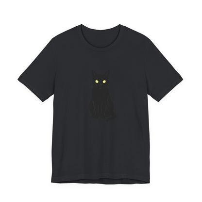 Glowing-Eyed Black Cat Shirt – Dark Theme Feline Stare for Maximum Spook and Minimal Effort. Unisex Jersey Short Sleeve Tee