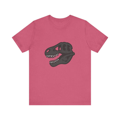 T-Rex Skull Graphic T-Shirt – Dark Theme Grayscale Dinosaur Skeleton Design on Black Tee with Prehistoric Edge and Modern Ghost Effect. Unisex Jersey Short Sleeve Tee