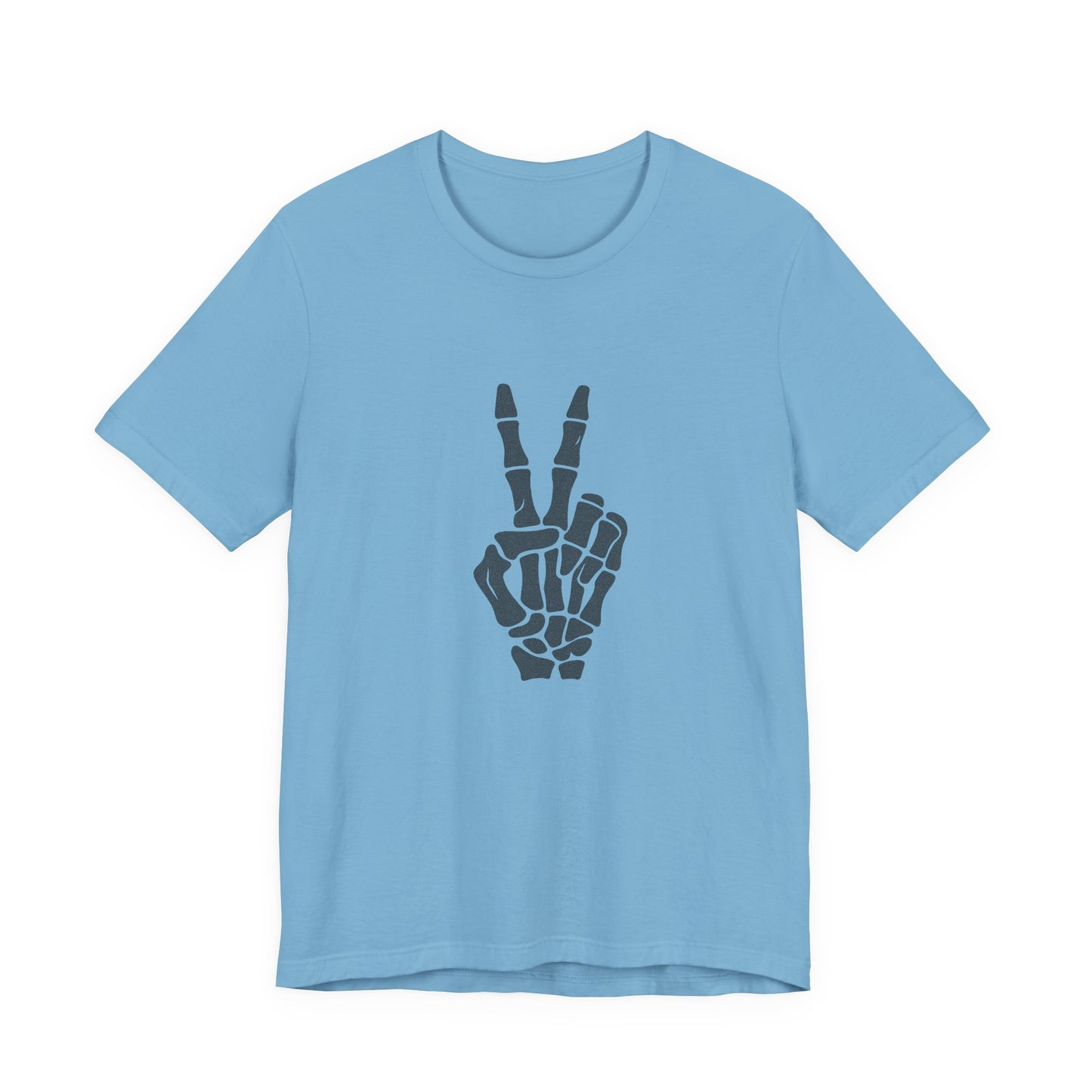 Skeleton Peace Hand Graphic T-Shirt – Gritty Dark Theme Grayscale Bones on Black Tee with Rebellious Calm and Modern Ghost Effect. Unisex Jersey Short Sleeve Tee