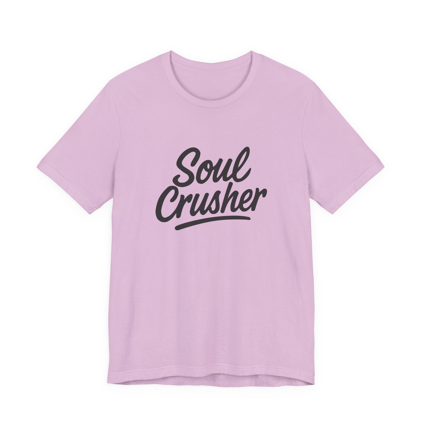 Soul Crusher Text T-Shirt – Dark Theme Grayscale Script Typography on Black Tee with Dark Energy and Modern Ghost Effect. Unisex Jersey Short Sleeve Tee