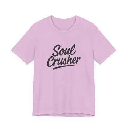 Soul Crusher Text T-Shirt – Dark Theme Grayscale Script Typography on Black Tee with Dark Energy and Modern Ghost Effect. Unisex Jersey Short Sleeve Tee