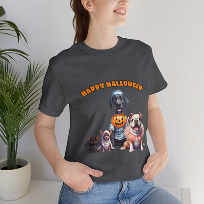 Happy Halloween Pet Parade Shirt – Cute Halloween Dogs and Cat in Costumes. Unisex Jersey Short Sleeve Tee