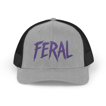 FERAL Embroidered Trucker Hat – Bold Statement Baseball Hat with Wild Energy Font for Rebels, Misfits, and Chaos Enthusiasts. Purple Letters.