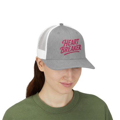 Heartbreaker Trucker Hat – Bold Baseball Hat with Retro Script and Broken Heart Design for Confident Rule-Breakers. Pink Letters