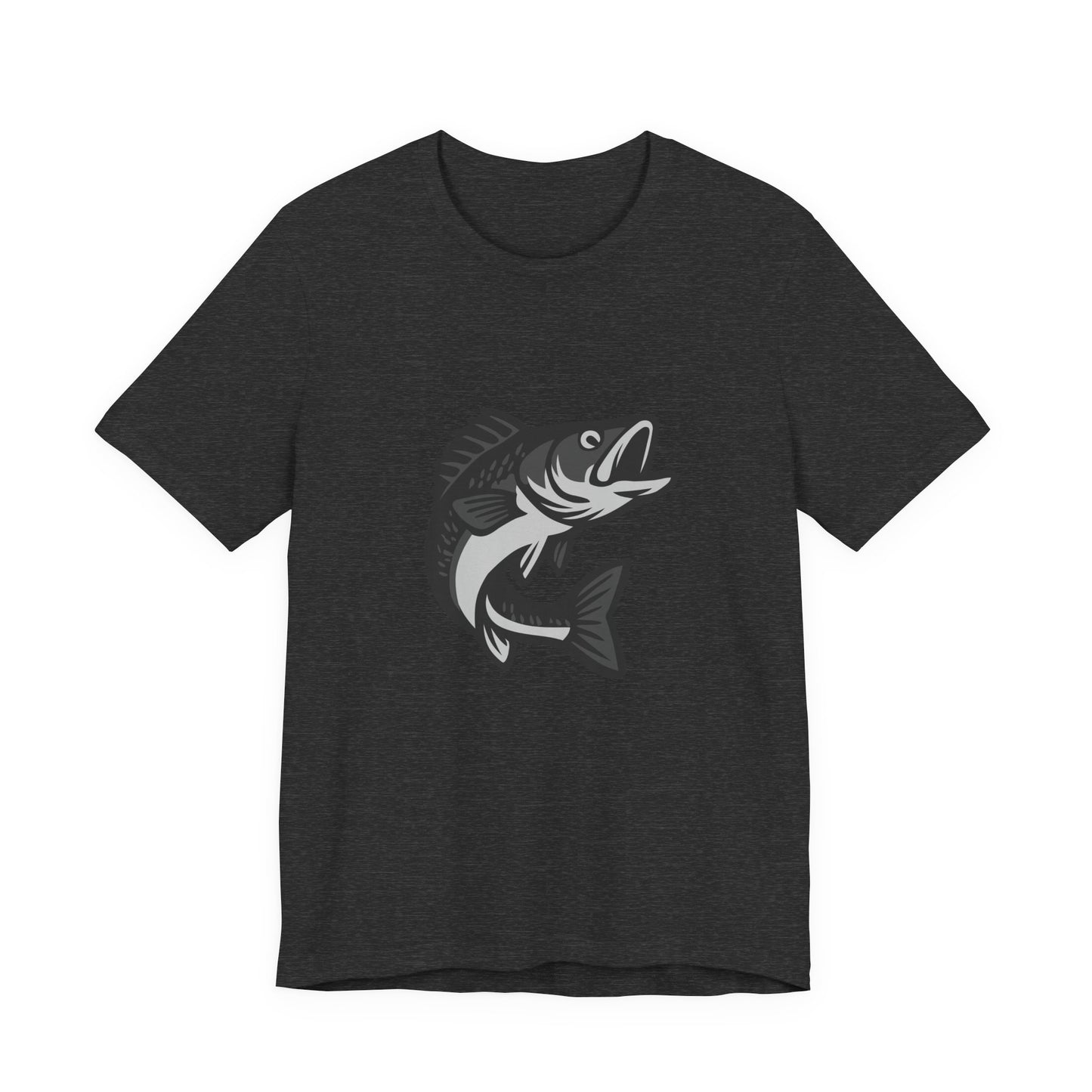 Walleye Fishing Graphic T-Shirt – Dark Theme Grayscale Freshwater Game Fish Design on Black Tee with Angler Energy and Modern Ghost Effect. Unisex Jersey Short Sleeve Tee