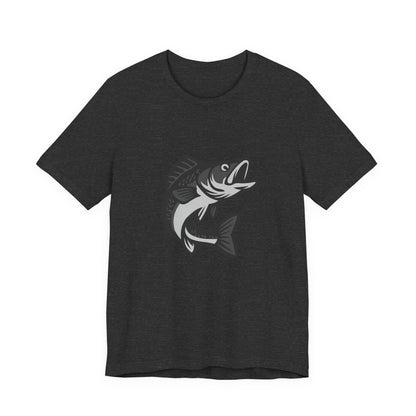 Walleye Fishing Graphic T-Shirt – Dark Theme Grayscale Freshwater Game Fish Design on Black Tee with Angler Energy and Modern Ghost Effect. Unisex Jersey Short Sleeve Tee