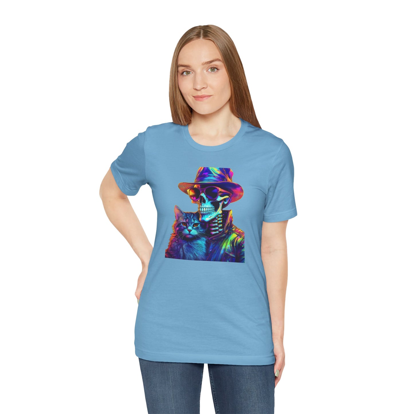 Cool Skeleton and Cat Halloween Shirt – Neon Retro Horror Graphic Tee for Spooky Style and Cat Lovers