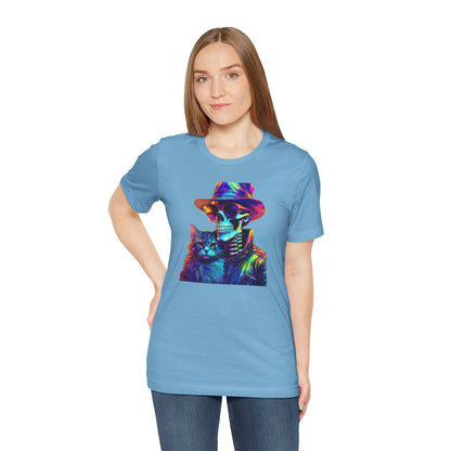 Cool Skeleton and Cat Halloween Shirt – Neon Retro Horror Graphic Tee for Spooky Style and Cat Lovers
