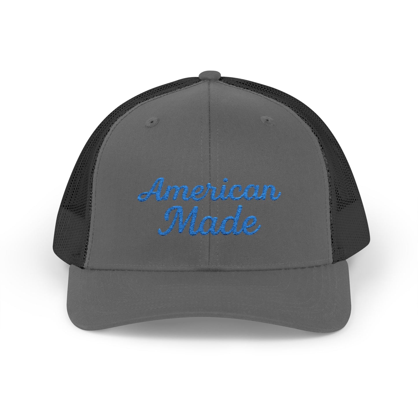 American Made Trucker Hat – Embroidered Patriotic Hat with Retro Script for USA Pride and Everyday Freedom. Blue Letters
