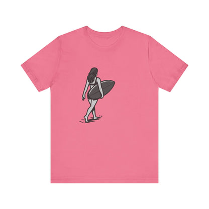 Surfer Girl Walking Graphic T-Shirt – Dark Theme Grayscale Beach Scene on Black Tee with Coastal Calm and Modern Ghost Effect. Unisex Jersey Short Sleeve Tee