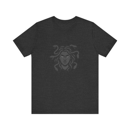 Medusa Graphic T-Shirt – Dark Theme Grayscale Snake-Haired Gorgon Design on Black Tee with Dark Myth Vibe and Modern Ghost Effect. Unisex Jersey Short Sleeve Tee