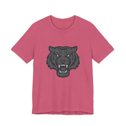 Tiger Head Graphic T-Shirt – Dark Theme Grayscale Roaring Beast Design on Black Tee with Fierce Focus and Modern Ghost Effect. Unisex Jersey Short Sleeve Tee