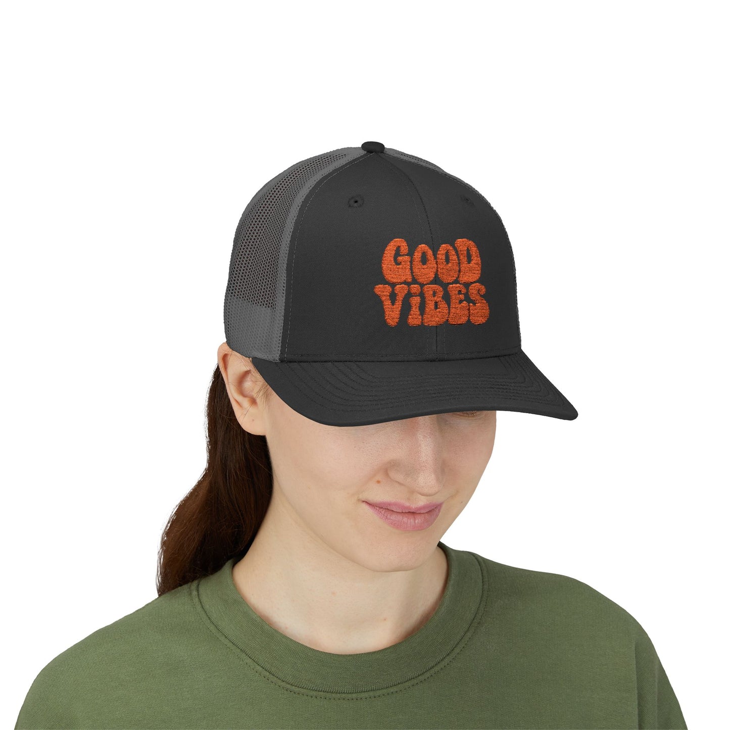 Good Vibes Trucker Hat – Embroidered Retro Text Hat for Positive Vibes, Chill Style, and Everyday Feel-Good Energy. Orange Letters