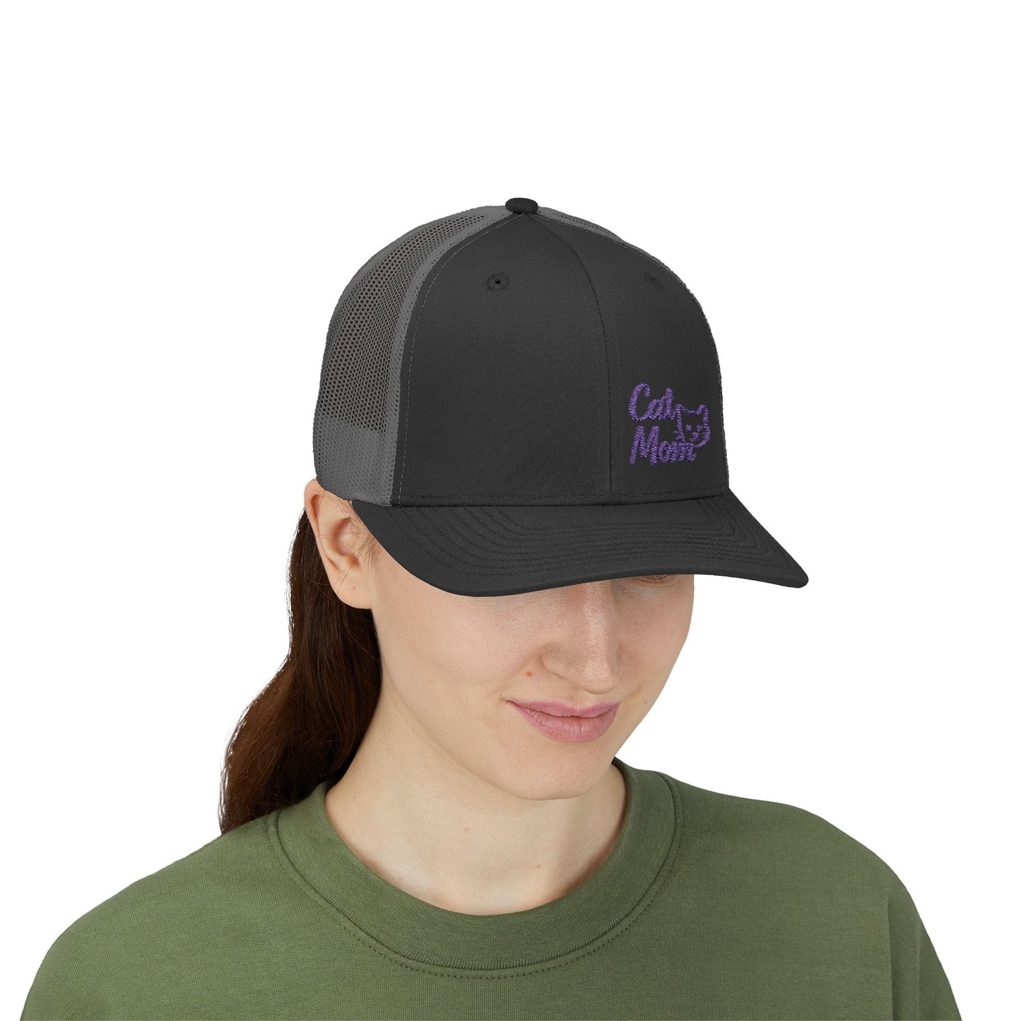 Cat Mom Trucker Hat – Embroidered Minimalist Cat Face Hat for Proud Pet Moms and Stylish Feline Fans. Purple Letters