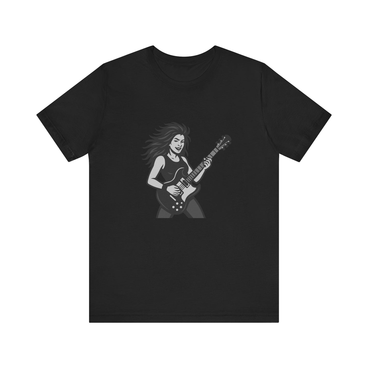 Rock Guitar Girl Graphic T-Shirt – Dark Theme Grayscale Electric Guitarist Design on Black Tee with Music Attitude and Modern Ghost Effect. Unisex Jersey Short Sleeve Tee