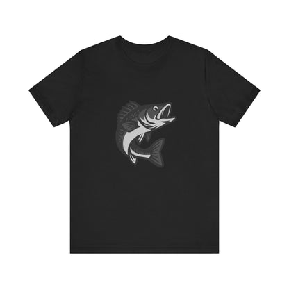 Walleye Fishing Graphic T-Shirt – Dark Theme Grayscale Freshwater Game Fish Design on Black Tee with Angler Energy and Modern Ghost Effect. Unisex Jersey Short Sleeve Tee