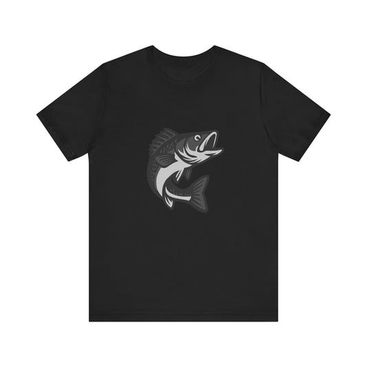 Walleye Fishing Graphic T-Shirt – Dark Theme Grayscale Freshwater Game Fish Design on Black Tee with Angler Energy and Modern Ghost Effect. Unisex Jersey Short Sleeve Tee