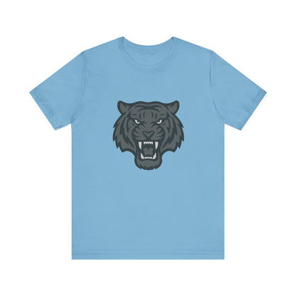 Tiger Head Graphic T-Shirt – Dark Theme Grayscale Roaring Beast Design on Black Tee with Fierce Focus and Modern Ghost Effect. Unisex Jersey Short Sleeve Tee