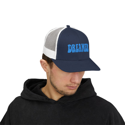 Dreamer Trucker Hat – Embroidered Minimalist Script Hat for Visionaries, Creatives, and Chill Daydreamers. Blue Letters