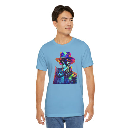 Cool Skeleton and Cat Halloween Shirt – Neon Retro Horror Graphic Tee for Spooky Style and Cat Lovers