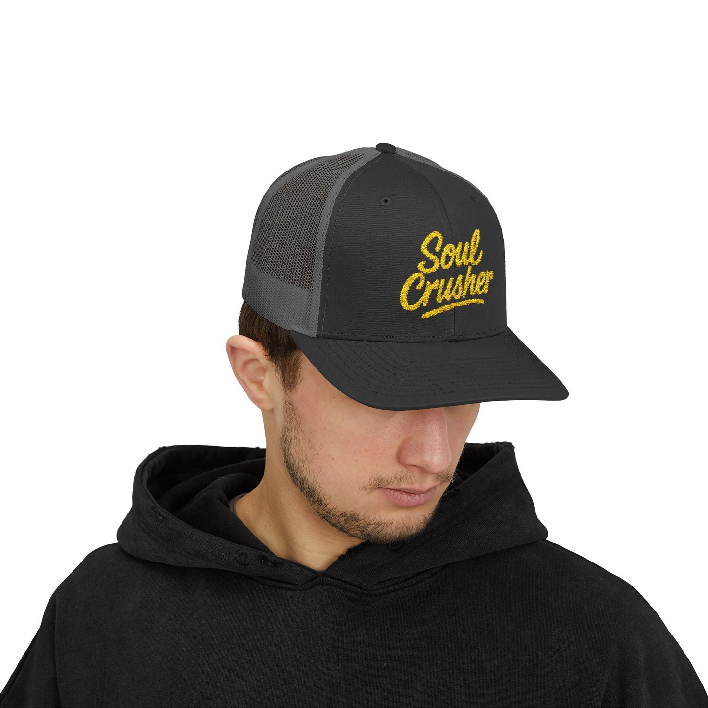 Soul Crusher Trucker Hat – Clean Script Hat with Bold Edge for Heartbreakers, Villains, and Power Moves. Yellow Letters