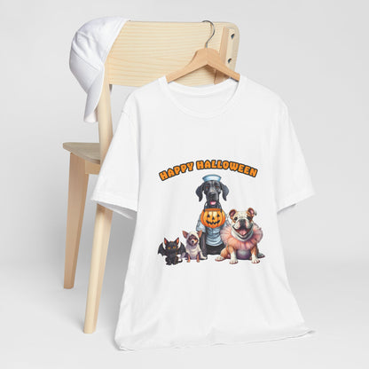 Happy Halloween Pet Parade Shirt – Cute Halloween Dogs and Cat in Costumes. Unisex Jersey Short Sleeve Tee