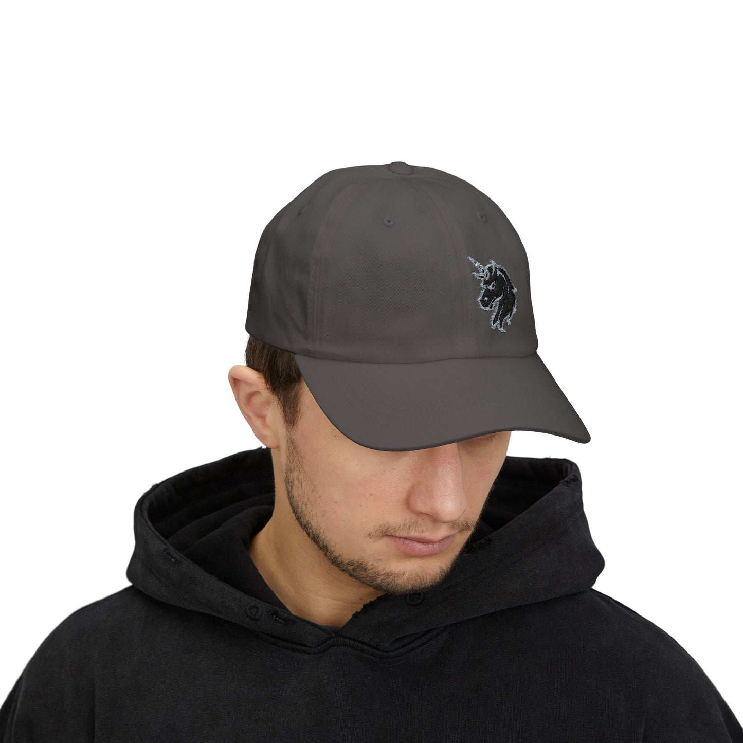 Angry Unicorn Classic Dad Hat – Embroidered Gothic Fantasy Hat with Red Eyes and Fierce Horned Design