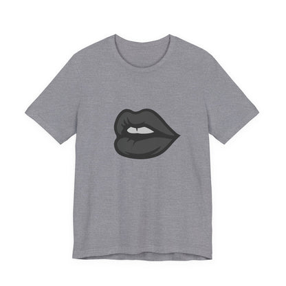 Dark Lips Graphic T-Shirt – Dark Theme Grayscale Biting Lip Design on Black Tee with Subtle Seduction and Modern Ghost Effect. Unisex Jersey Short Sleeve Tee