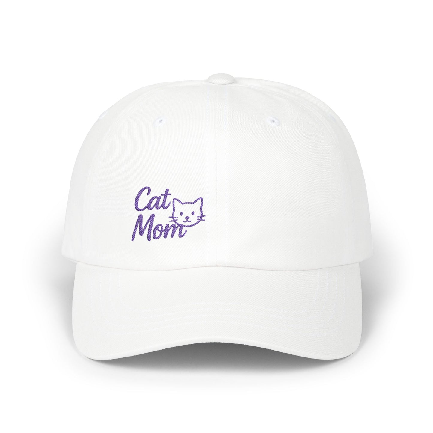 Cat Mom Classic Dad Hat – Embroidered Minimalist Cat Face Hat for Feline-Loving Women with Style. Purple Letters