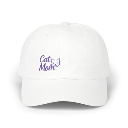 Cat Mom Classic Dad Hat – Embroidered Minimalist Cat Face Hat for Feline-Loving Women with Style. Purple Letters