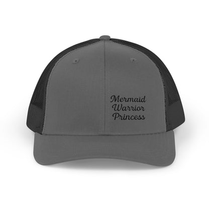 Mermaid Warrior Princess Trucker Hat – Embroidered Bold Text Hat for Magical Queens. Black Letters