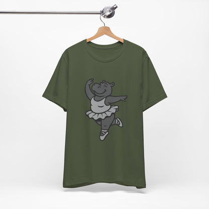 Dancing Hippo Graphic Tee Dark Theme – Funny Ballet Hippo Vector Design with Playful Energy