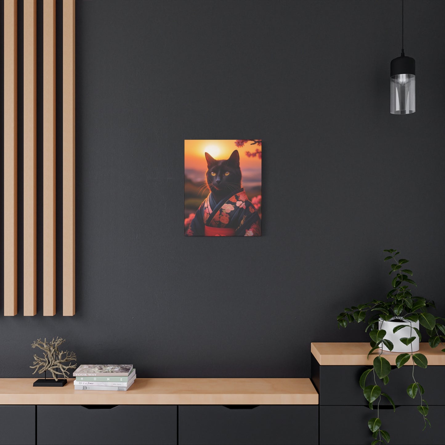 Zen Whiskers: Geisha Cat at Sunset Canvas Art | Stretched Matte Wall Decor 001