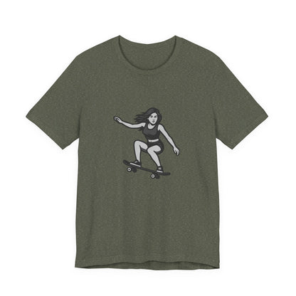 Skater Girl Graphic T-Shirt – Dark Theme Grayscale Skateboarding Design on Black Tee with Bold Motion and Modern Ghost Effect. Unisex Jersey Short Sleeve Tee
