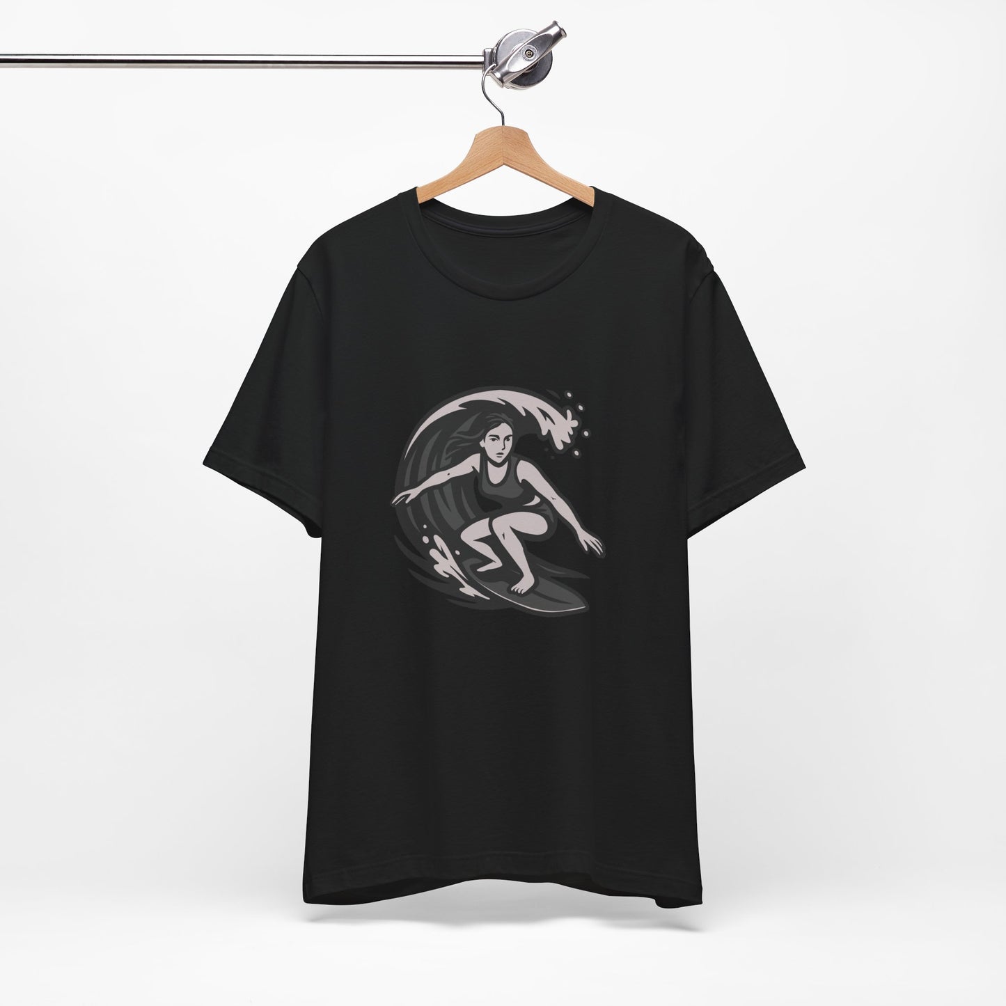Surf Girl Graphic T-Shirt – Dark Theme Grayscale Female Surfer Riding Wave on Black Tee with Flow State Energy and Modern Ghost Effect. Unisex Jersey Short Sleeve Tee