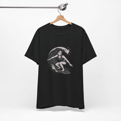 Surf Girl Graphic T-Shirt – Dark Theme Grayscale Female Surfer Riding Wave on Black Tee with Flow State Energy and Modern Ghost Effect. Unisex Jersey Short Sleeve Tee