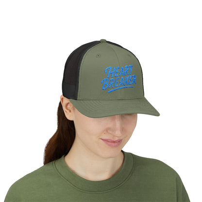 Heartbreaker Trucker Hat – Bold Baseball Hat with Retro Script and Broken Heart Design for Confident Rule-Breakers. Blue Letters