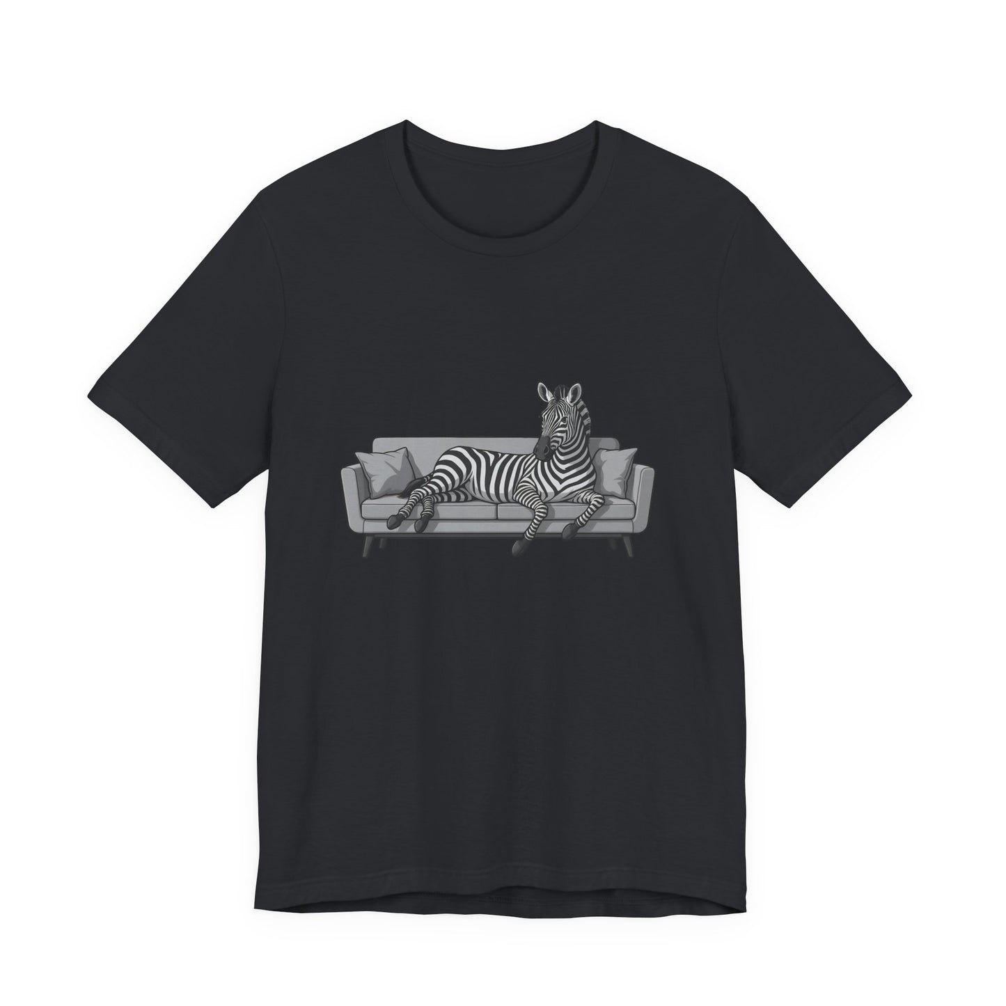 Relaxed Zebra on Couch Graphic Tee Dark Theme – Chill Animal Art with Modern Vector Design