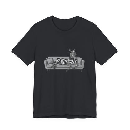 Relaxed Zebra on Couch Graphic Tee Dark Theme – Chill Animal Art with Modern Vector Design