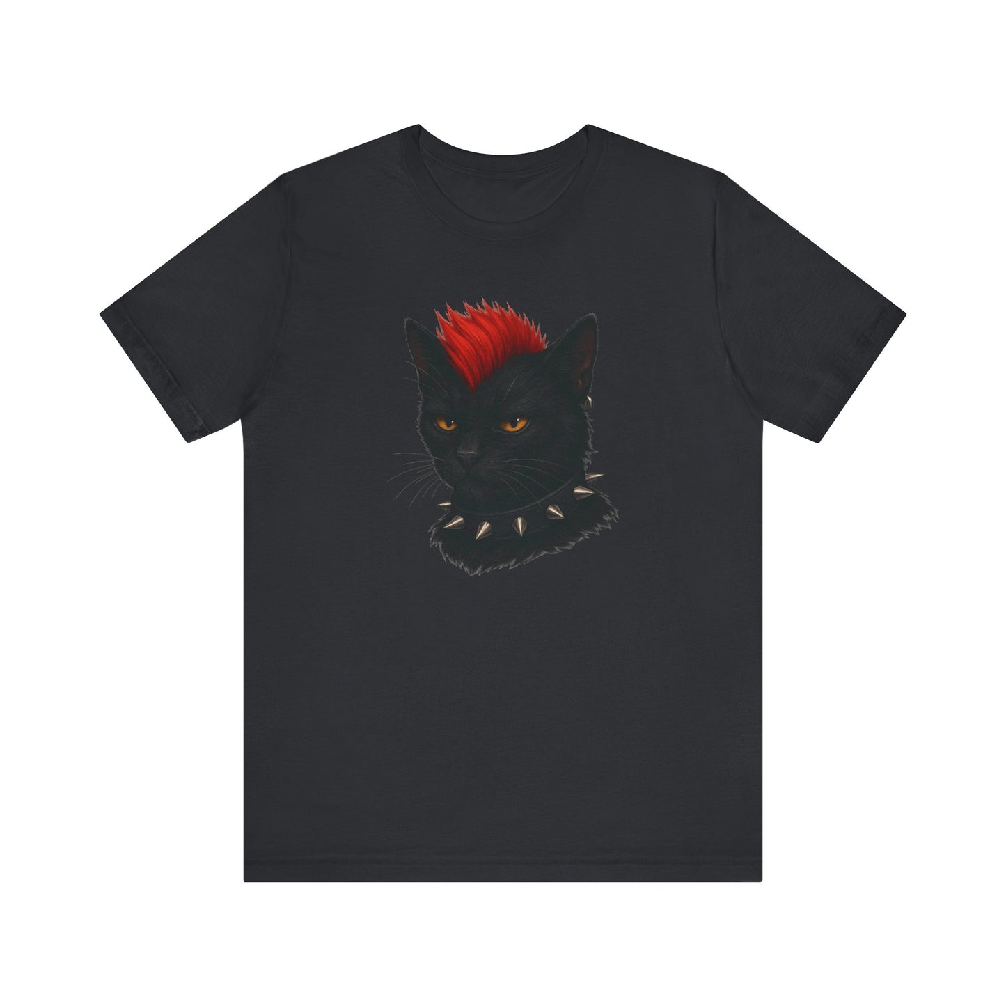 Punk Rock Black Cat Graphic Tee Dark Theme – Spiked Collar Rebel Feline Design