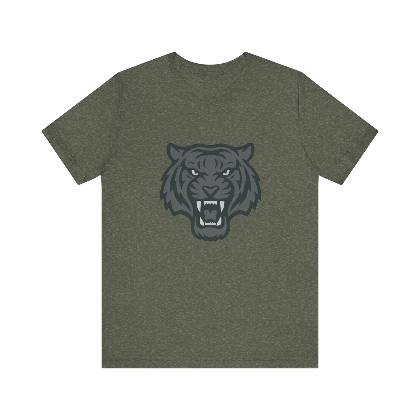 Tiger Head Graphic T-Shirt – Dark Theme Grayscale Roaring Beast Design on Black Tee with Fierce Focus and Modern Ghost Effect. Unisex Jersey Short Sleeve Tee