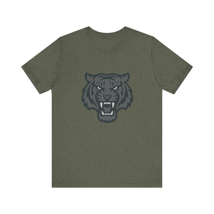 Tiger Head Graphic T-Shirt – Dark Theme Grayscale Roaring Beast Design on Black Tee with Fierce Focus and Modern Ghost Effect. Unisex Jersey Short Sleeve Tee