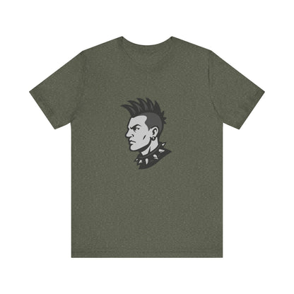 Punk Guy Graphic T-Shirt – Dark Theme Grayscale Mohawk Portrait on Black Tee with Attitude and Subtle Modern Ghost Effect. Unisex Jersey Short Sleeve Tee