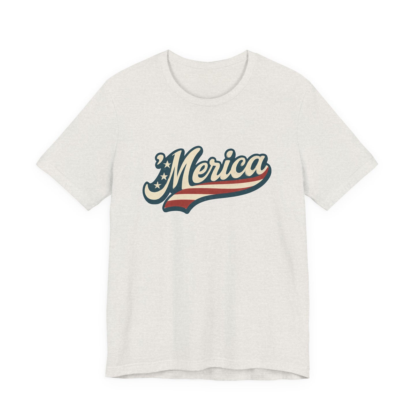 'Merica Vintage Script Shirt – Patriotic Retro USA Tee for 4th of July – Independence Day American Pride Design. Unisex Jersey Short Sleeve Tee