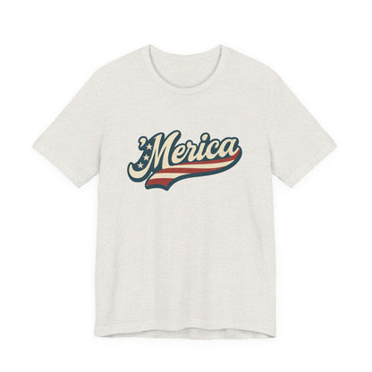 'Merica Vintage Script Shirt – Patriotic Retro USA Tee for 4th of July – Independence Day American Pride Design. Unisex Jersey Short Sleeve Tee