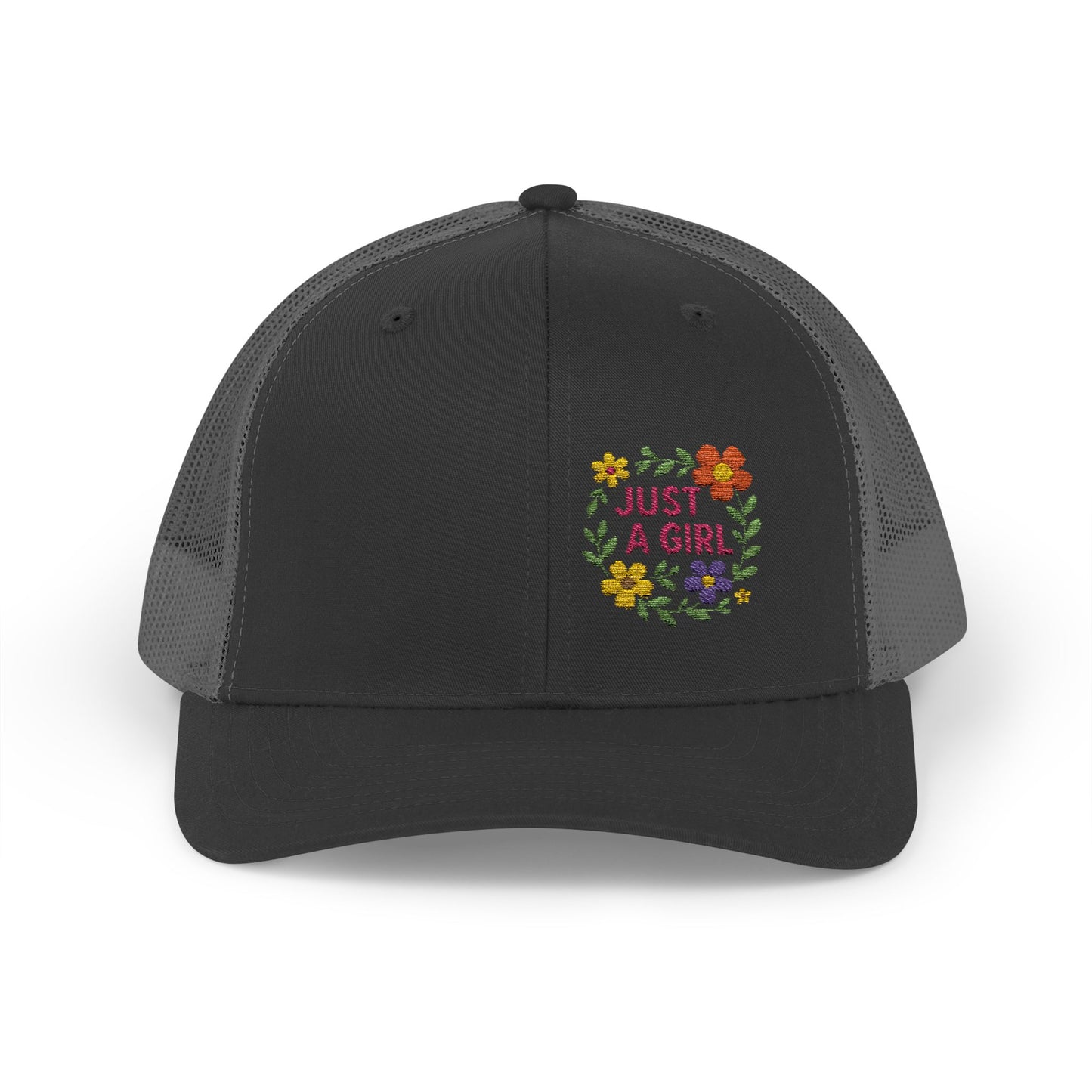 Just a Girl Trucker Hat – Colorful Floral Text Hat with Bold Feminine Style and Summer Vibes