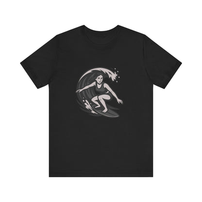 Surf Girl Graphic T-Shirt – Dark Theme Grayscale Female Surfer Riding Wave on Black Tee with Flow State Energy and Modern Ghost Effect. Unisex Jersey Short Sleeve Tee